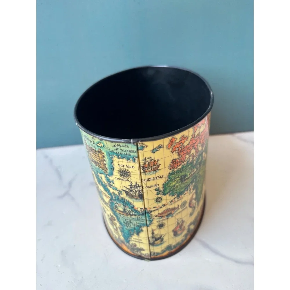 Vintage World Map Metal Desk Caddy Organizer Storage Nautical Decor Japan Oval